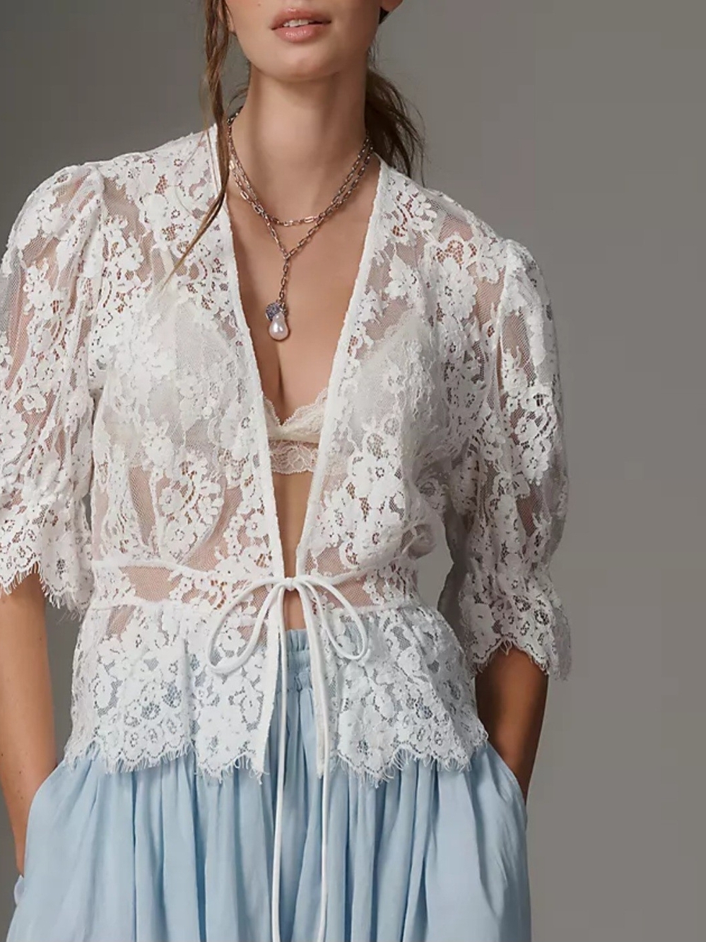 Anthropologie White Sheer Floral Lace Tie-Front Top